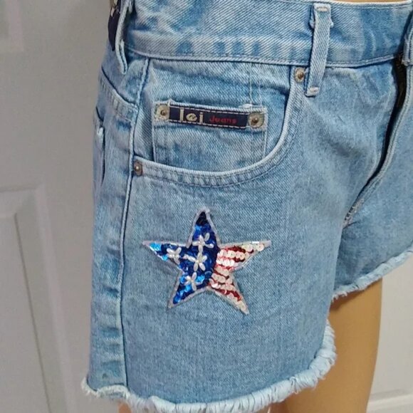 Vintage 90s LEI Cut Off Jean Shorts Distressed Patriotic Star Waist 28" - Picture 6 of 8
